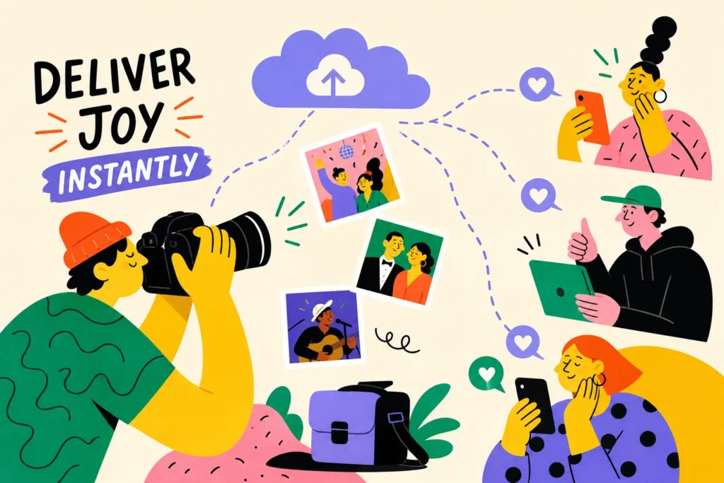 A photographer shoots an event while the photos flow through a cloud gallery to guests on their phones, the workflow behind the best photo delivery apps for event photographers