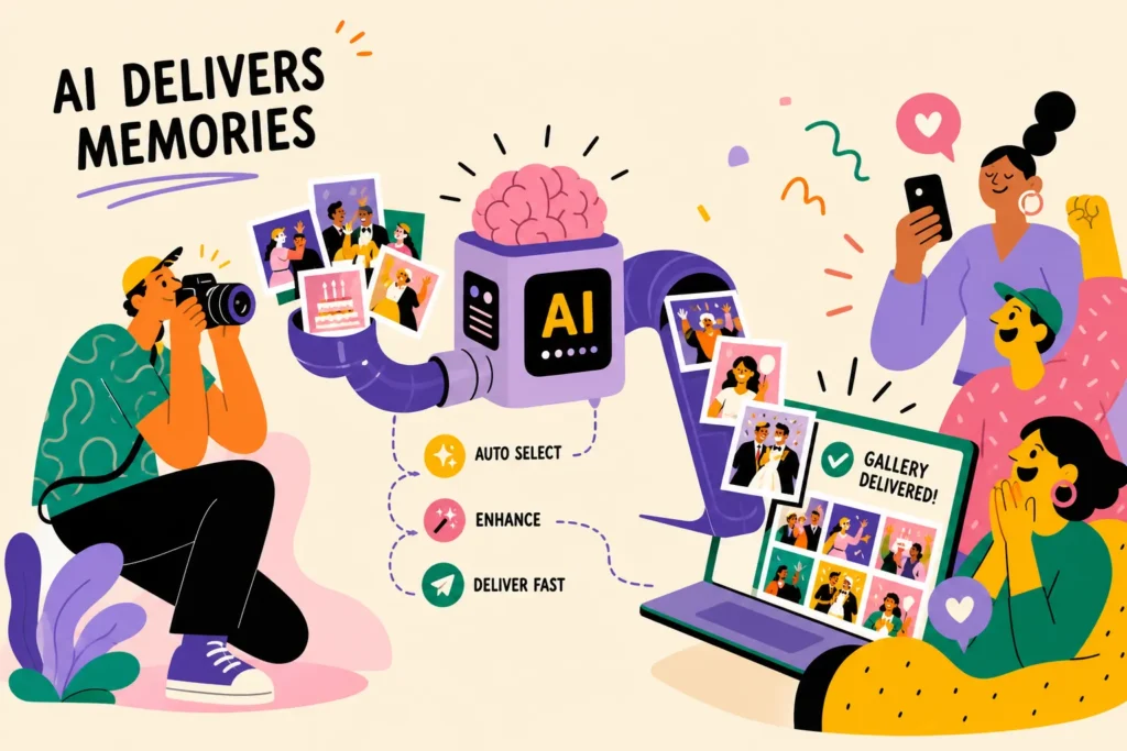 AI photo delivery: a photographer shoots an event, an AI engine auto-selects and delivers the photos, guests get their gallery on phone and laptop.