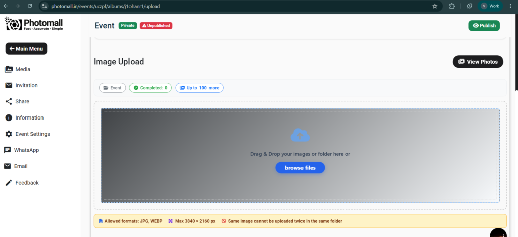 Photomall upload screen showing the notice: Allowed formats JPG, WEBP and Max 3840 x 2160 px