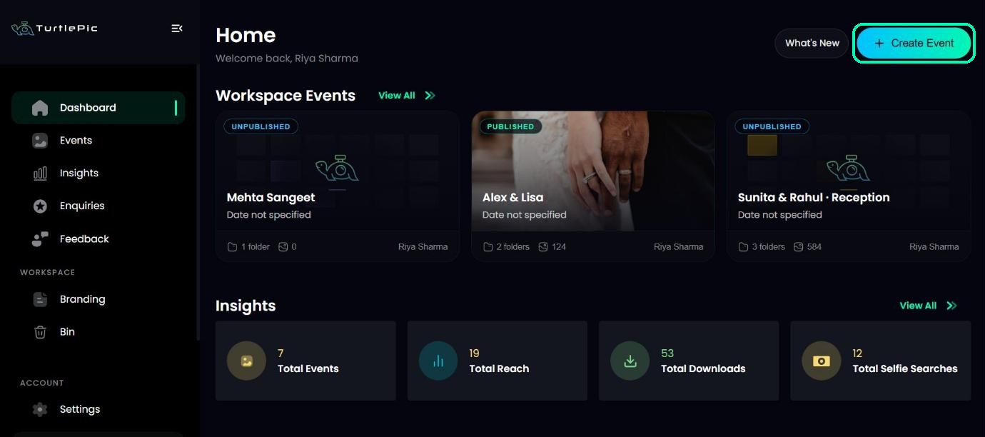TurtlePic dashboard with the Create Event button highlighted
