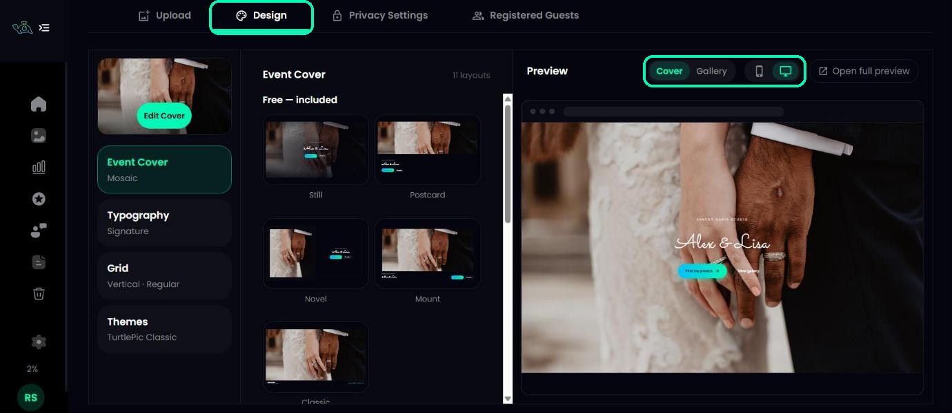 Design tab of an event with the Design tab and the preview toggles highlighted