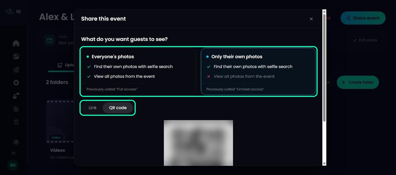 Share this event window asking what guests should see, with the Everyone’s photos and Only their own photos options and the QR code tab highlighted