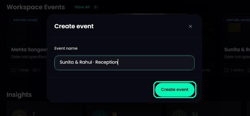 Create event window with the event name typed in and the Create event button highlighted