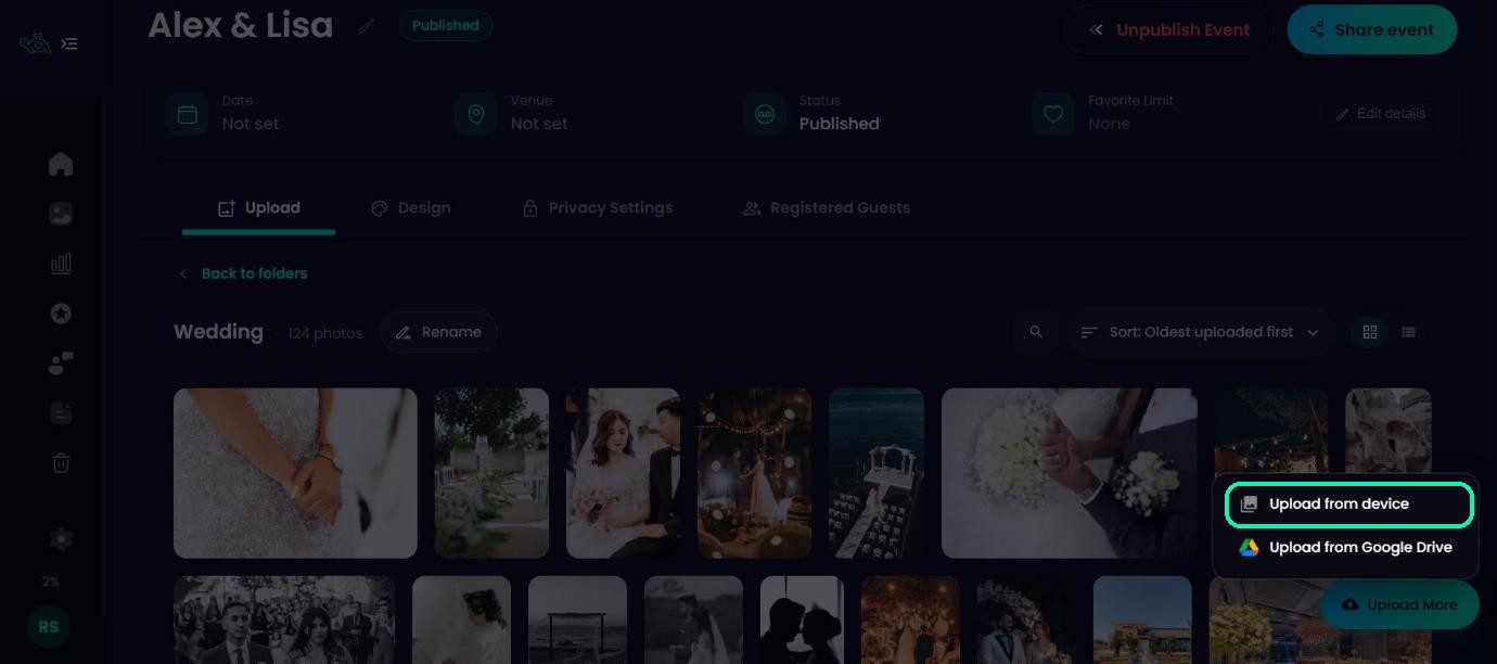Wedding folder with the Upload More menu open and Upload from device highlighted