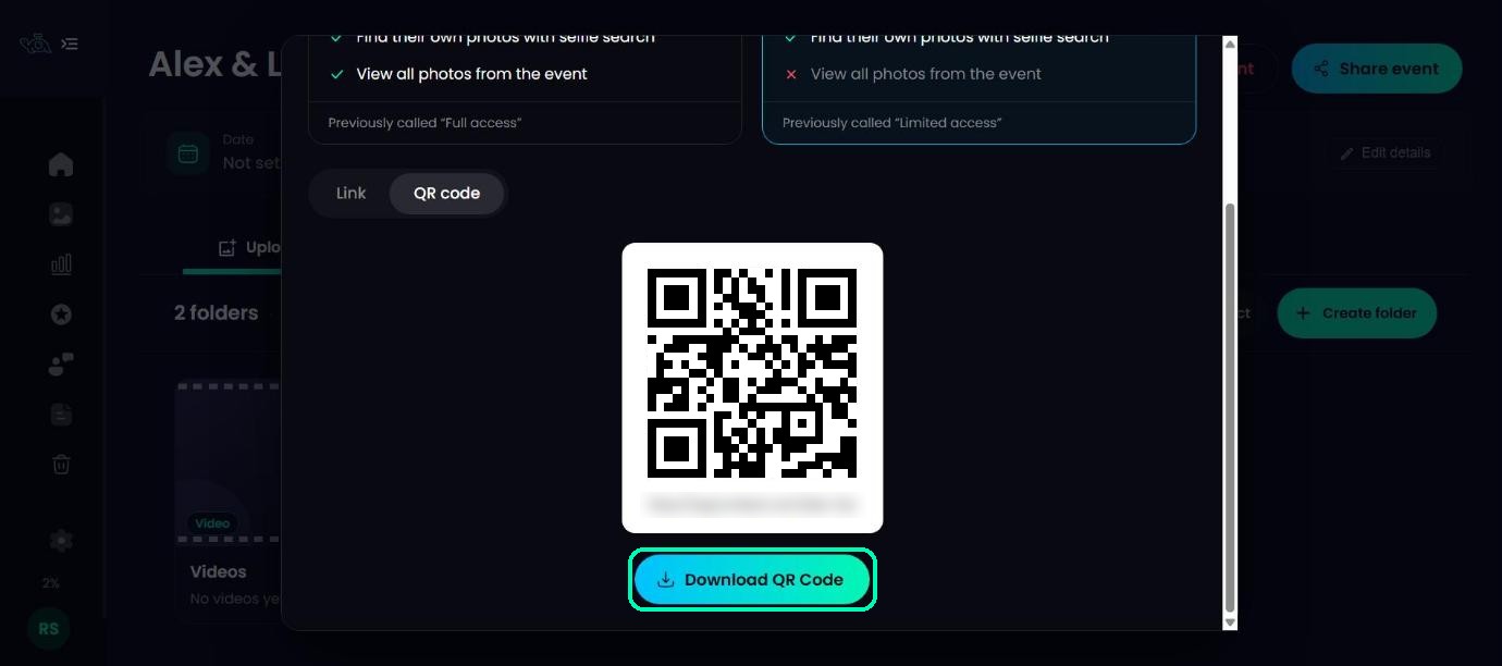 QR code for the event with the Download QR Code button highlighted