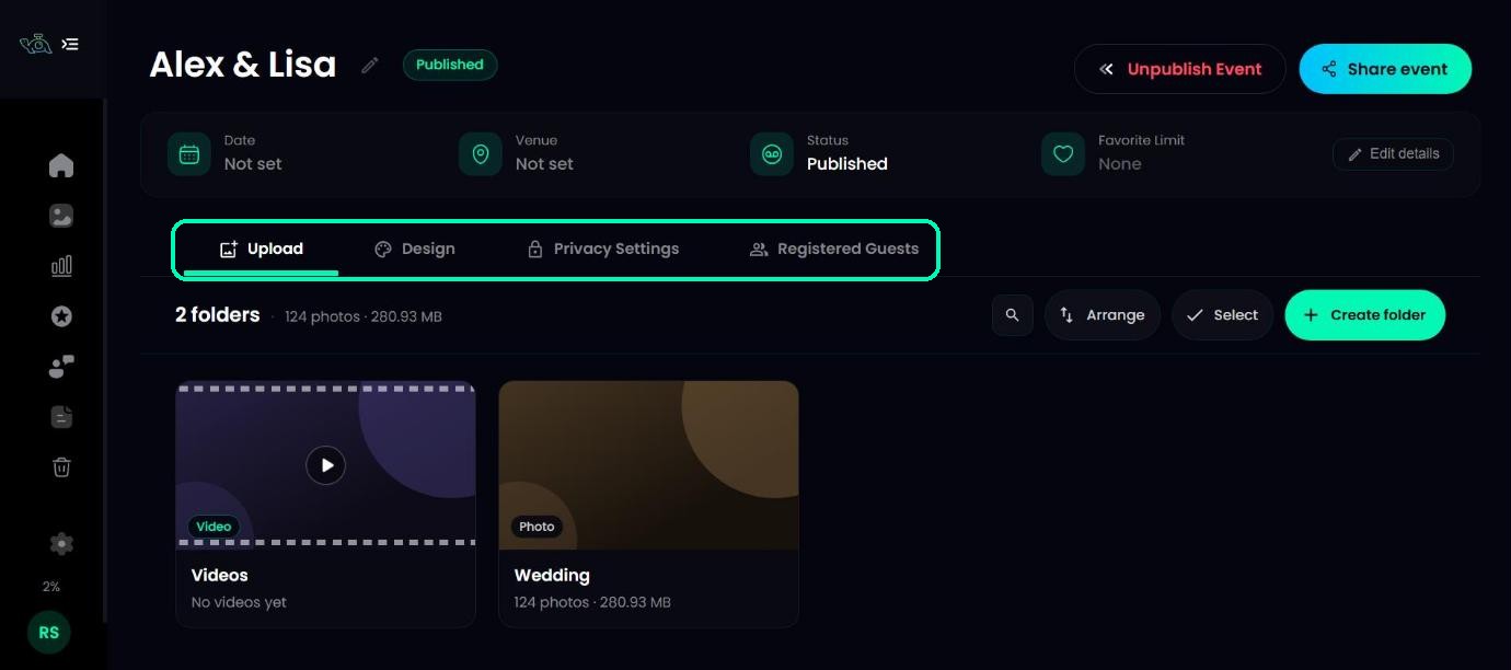 Event page showing the Upload, Design, Privacy Settings and Registered Guests tabs