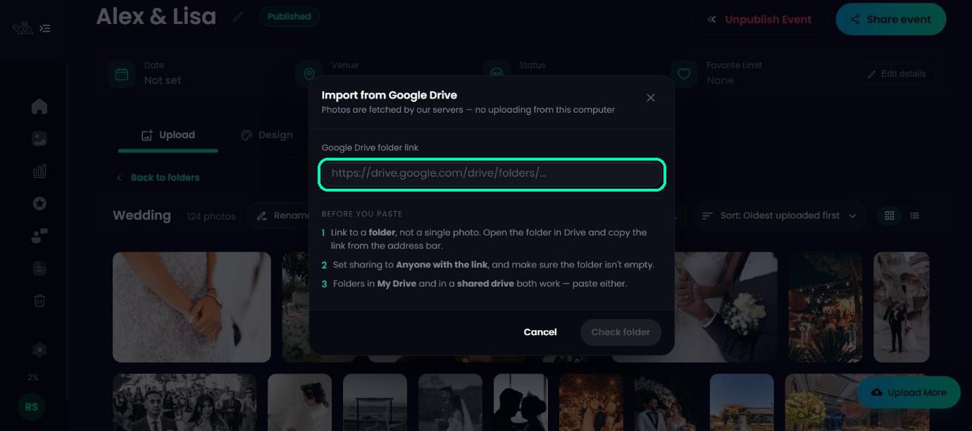 Import from Google Drive window with the folder link field highlighted