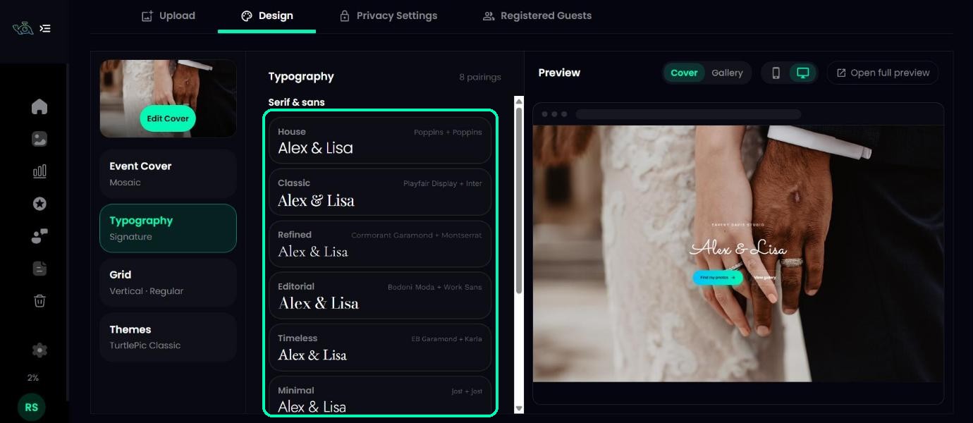 Typography section showing font pairings with the event name