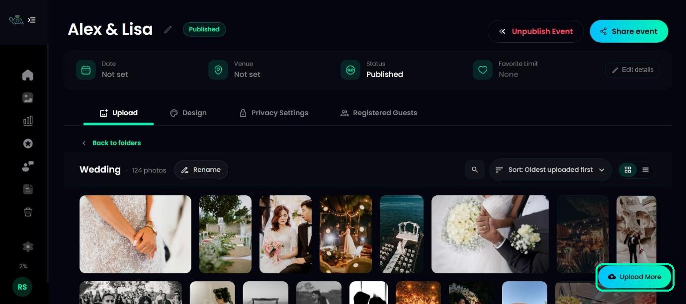 Wedding folder full of event photos with the Upload More button highlighted