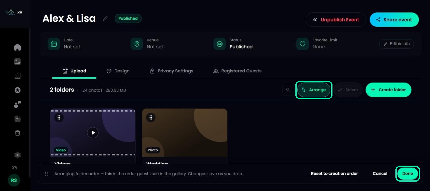 Arrange mode for folders with the Arrange and Done buttons highlighted