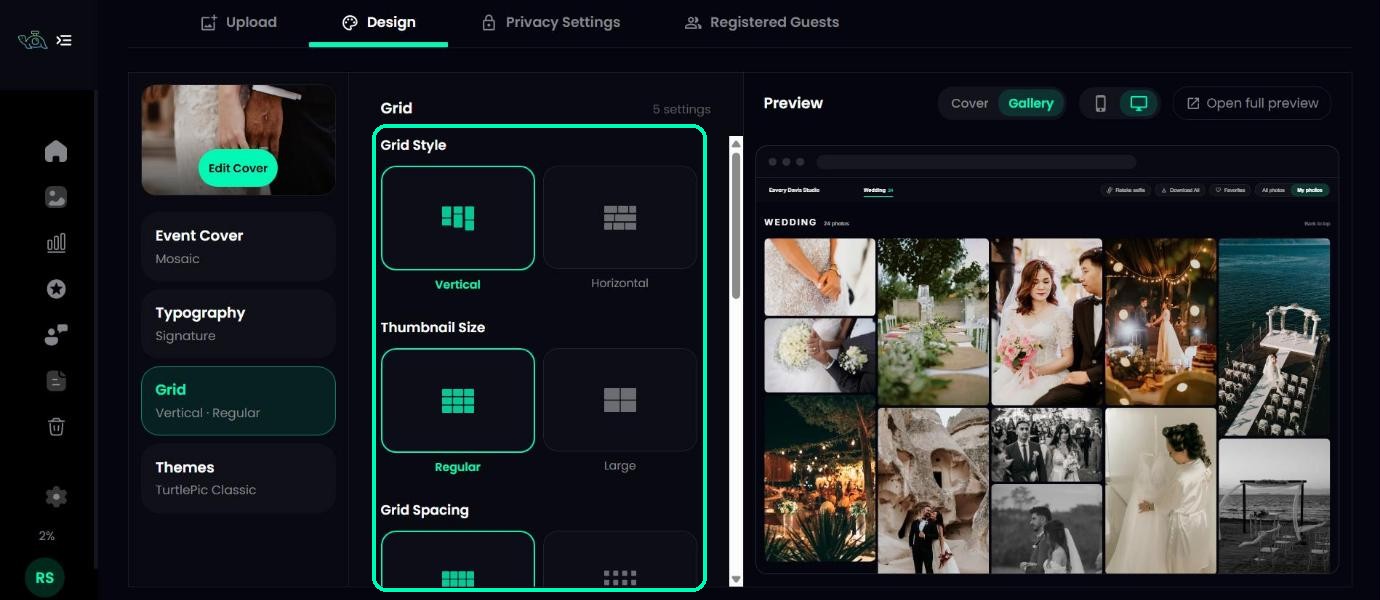 Grid section showing grid style and thumbnail size options, with the gallery preview full of wedding photos