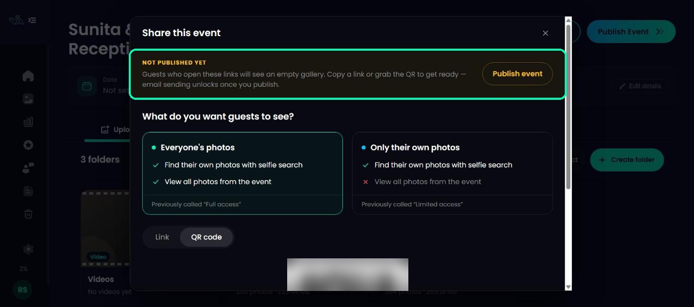 Share window for a draft event showing the Not published yet warning