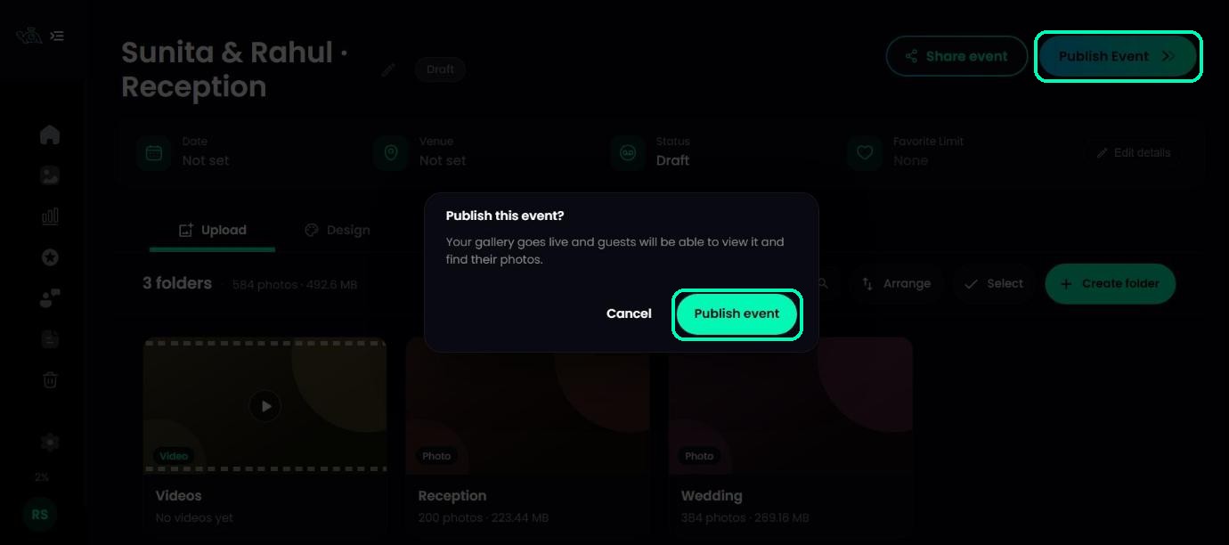 Draft event with the Publish Event button and the Publish this event? confirmation highlighted