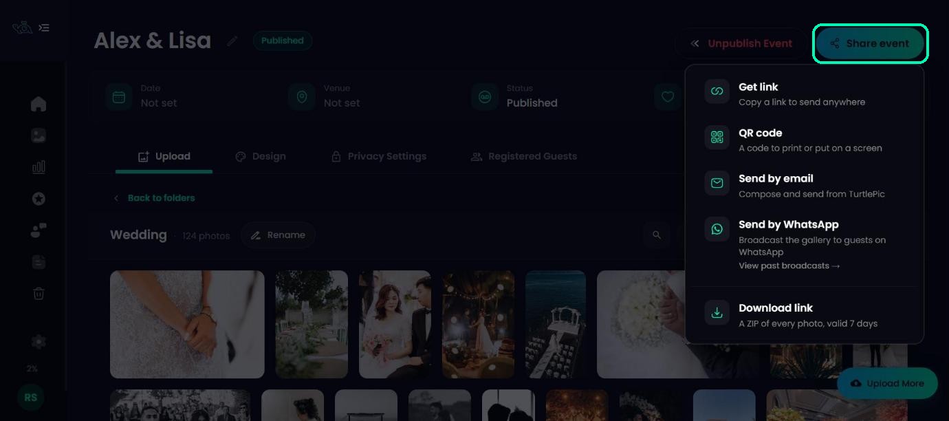 Share event menu with Get link, QR code, Send by email, Send by WhatsApp and Download link