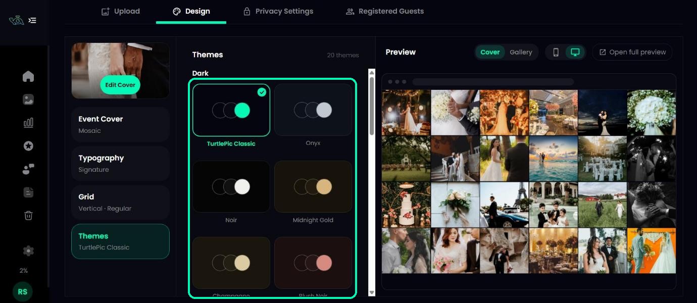Themes section showing dark colour themes