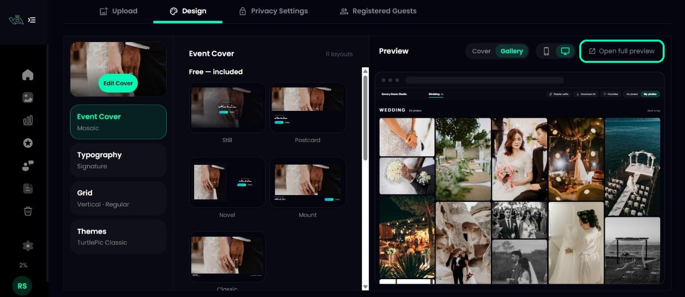 Gallery preview of wedding photos with the Open full preview button highlighted