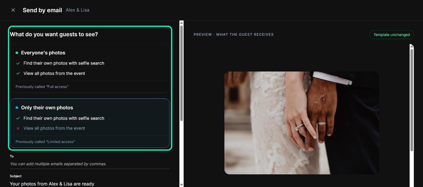 Send by email screen with the audience choice and email fields highlighted, and a preview of the email