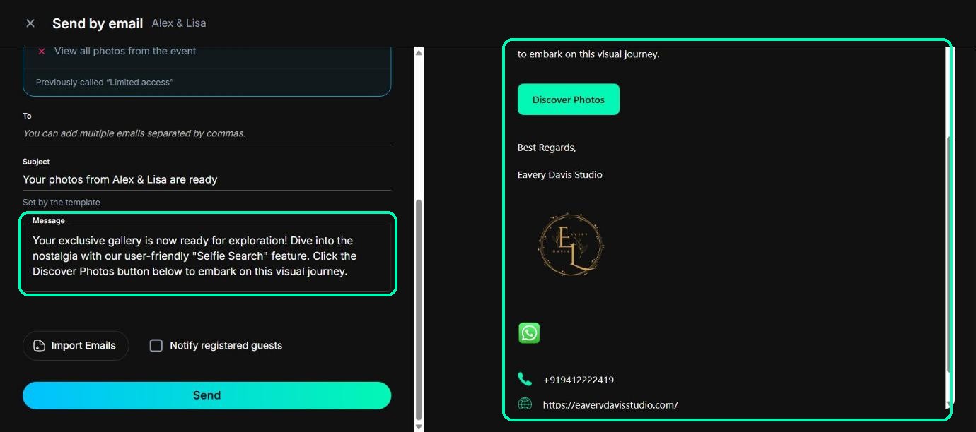 Email message box and the preview of what the guest receives, highlighted