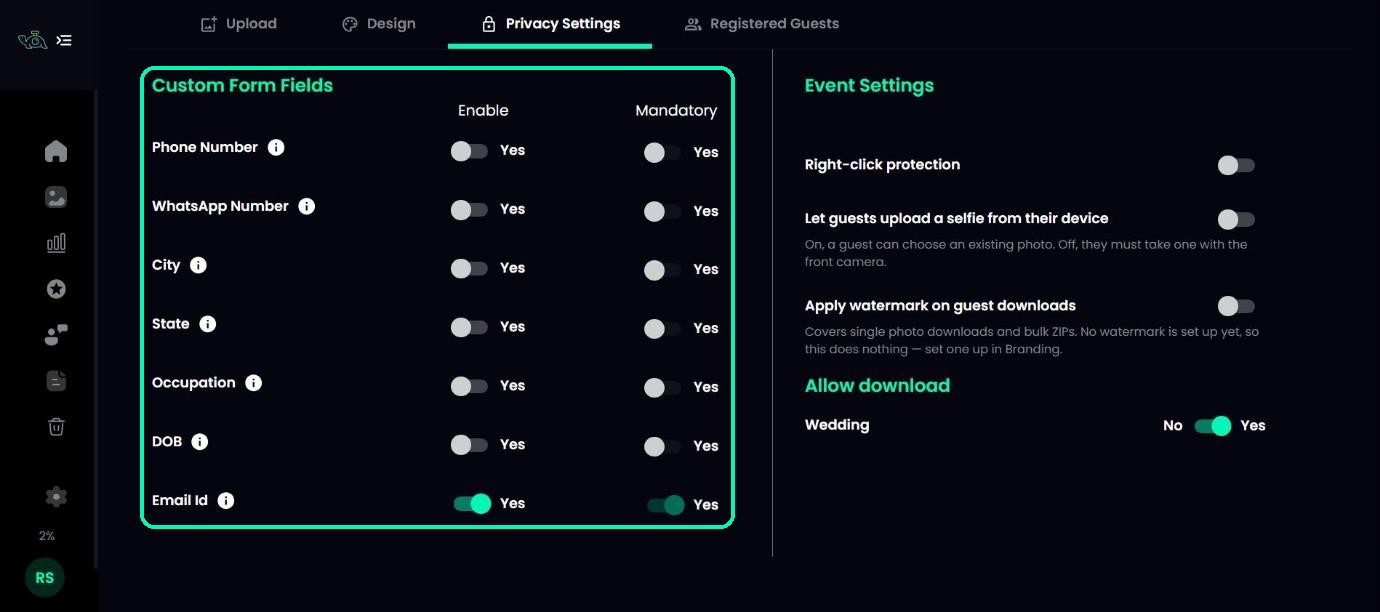 Privacy Settings with the Custom Form Fields section highlighted, showing Enable and Mandatory switches