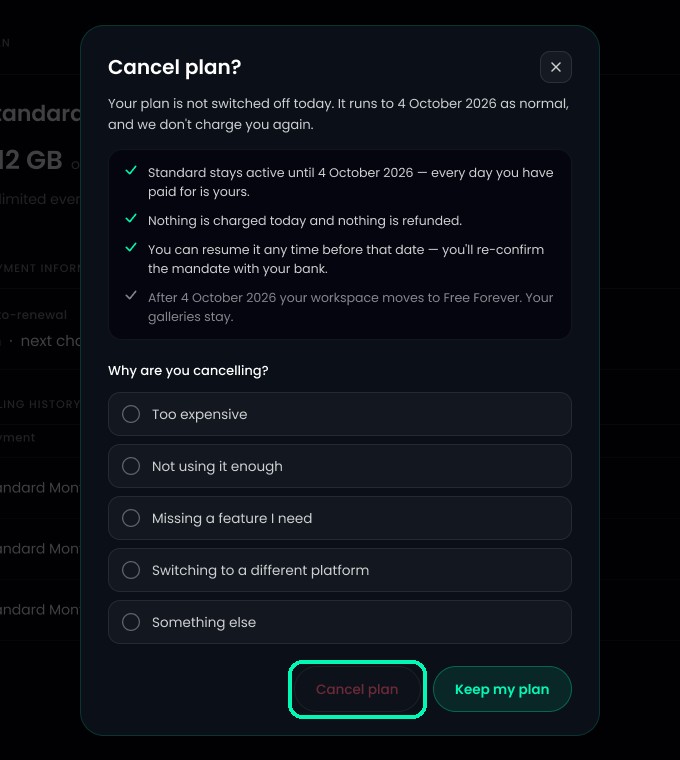 Cancel plan window with reasons and Keep my plan