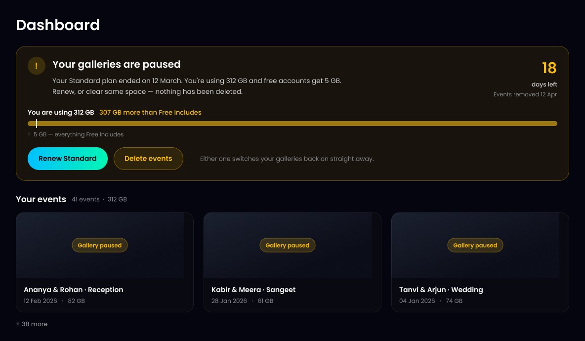 Your galleries are paused banner on the dashboard