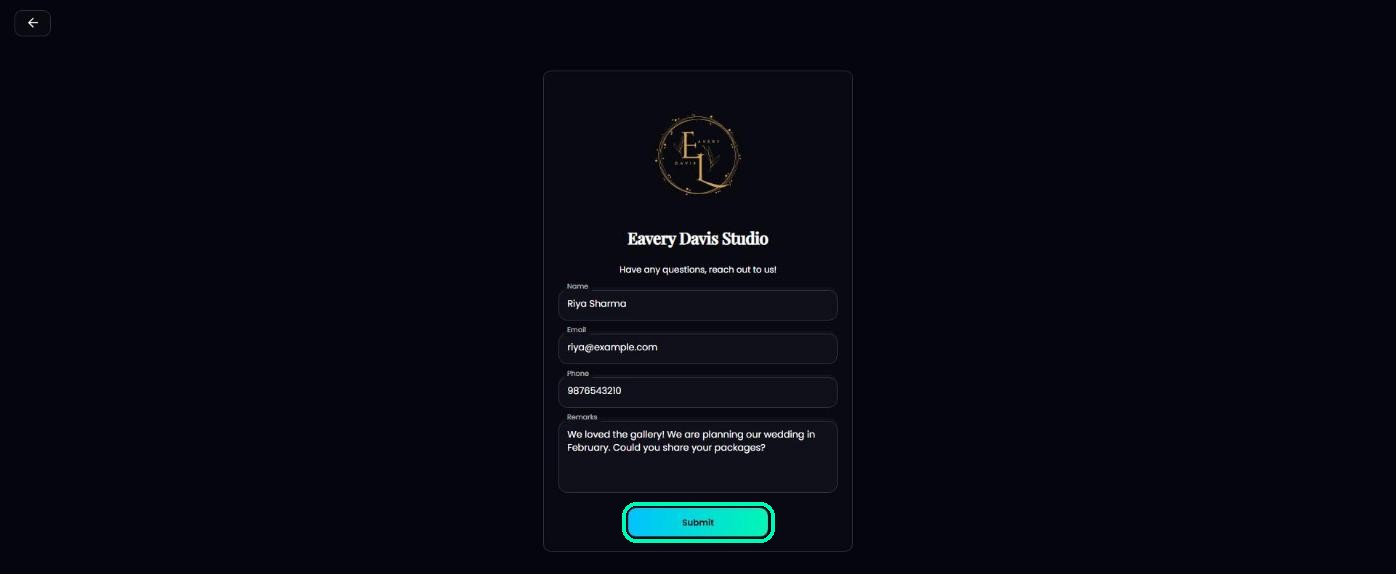 Enquiry form with name, email, phone and remarks