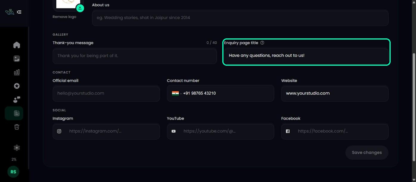 Enquiry page title in Branding Profile Details