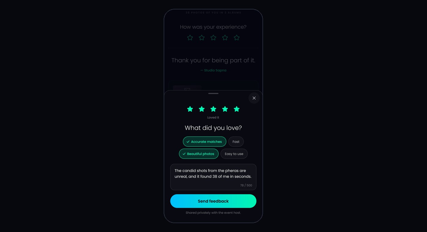 Feedback sheet with chips, a note and Send feedback