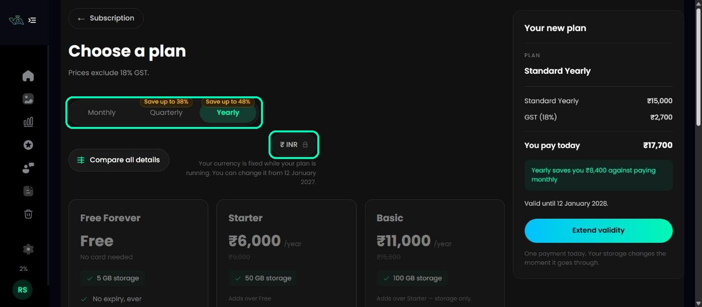 Billing cycle switch and currency on the Choose a plan page