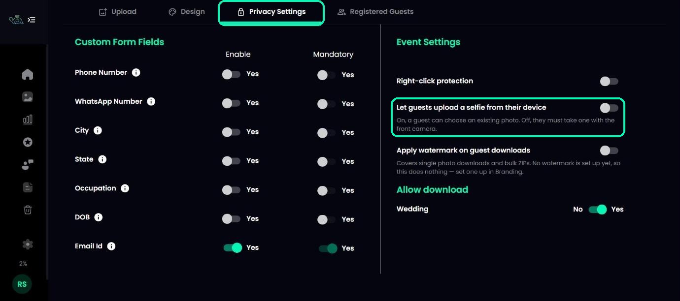 Let guests upload a selfie from their device setting in Privacy Settings