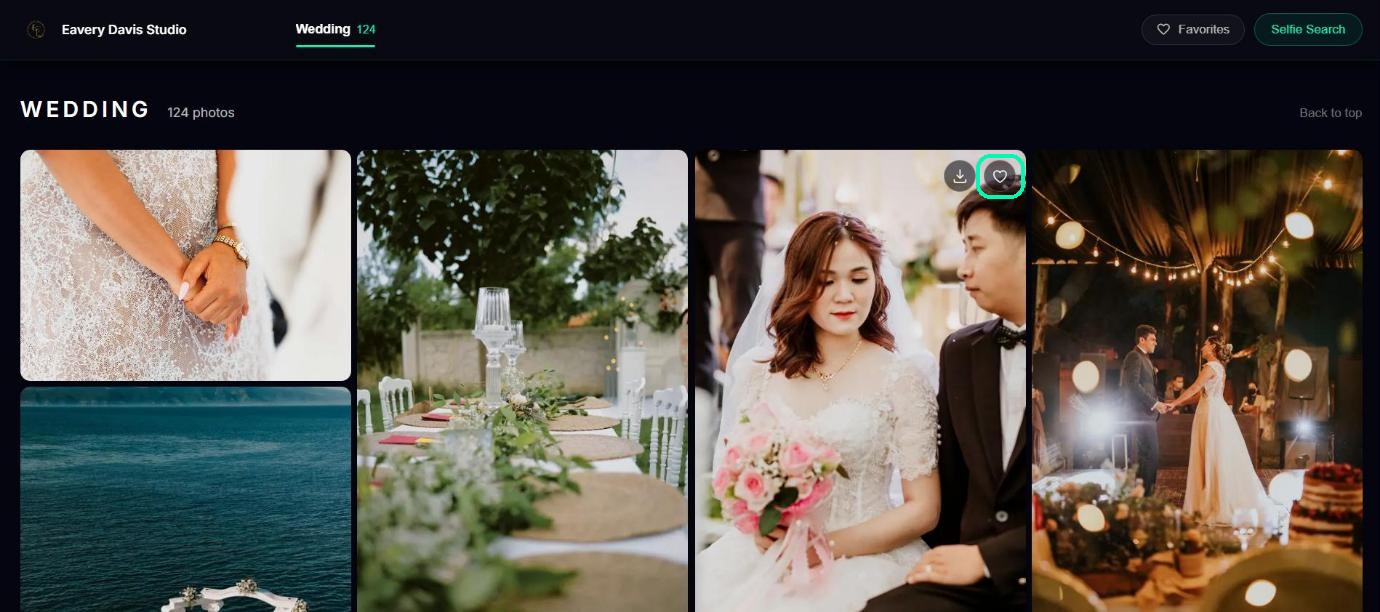 Guest gallery with the heart button on a wedding photo highlighted