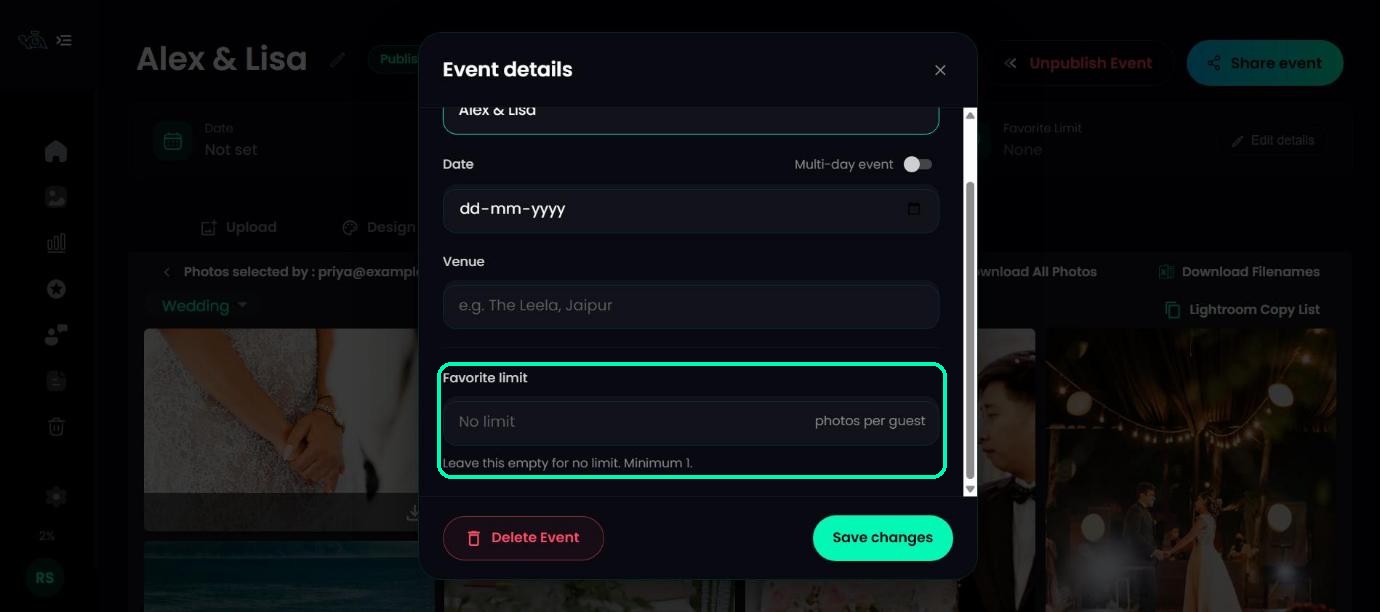 Event details window with the Favorite limit field highlighted