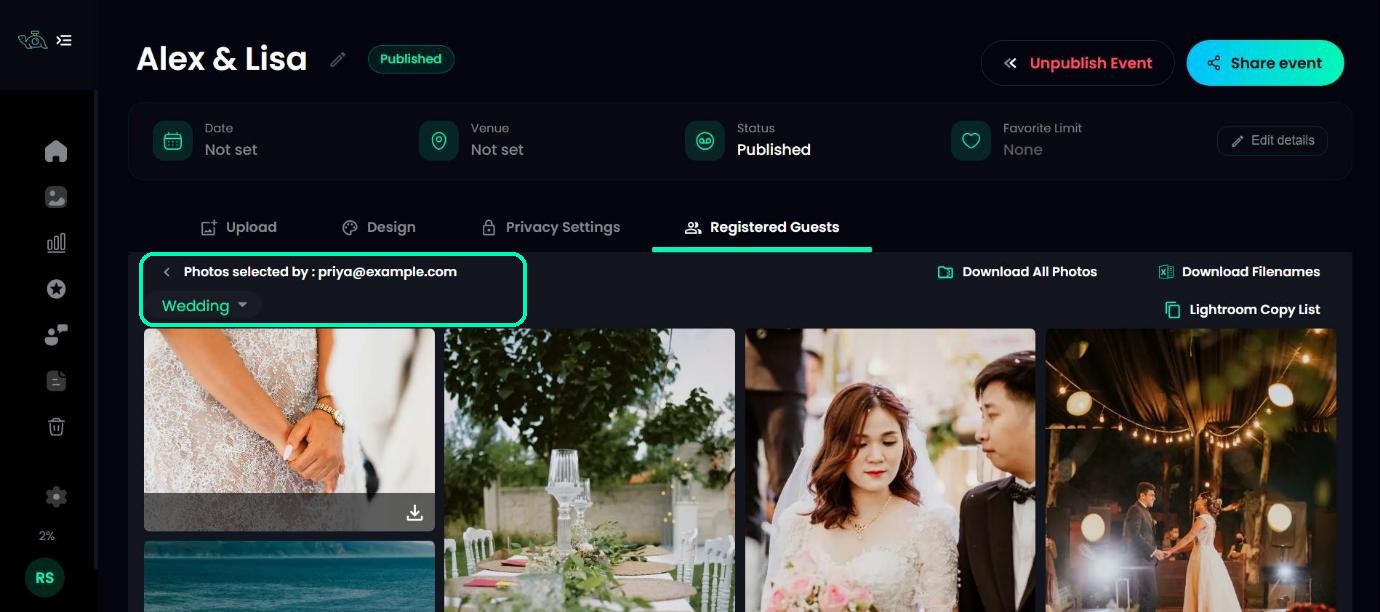 A guest’s selected photos with the folder menu highlighted