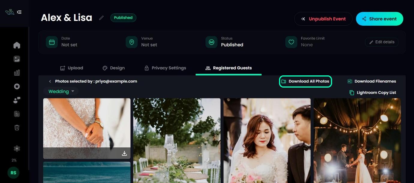 A guest’s selected photos with Download All Photos highlighted