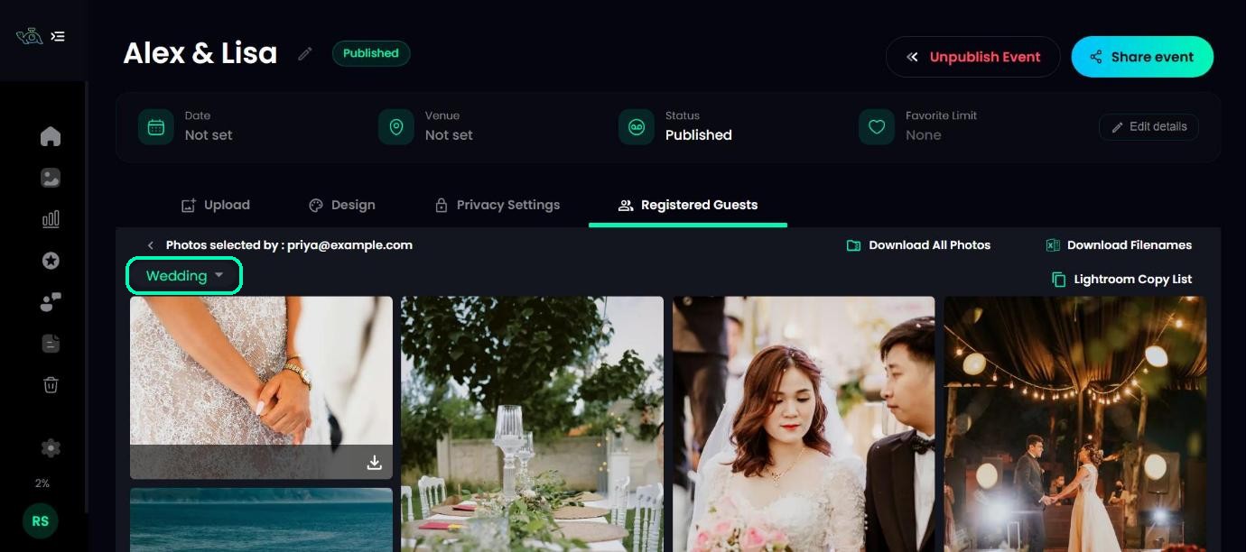 A guest’s selected photos with the folder menu highlighted