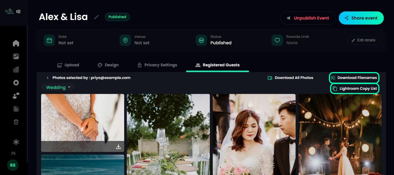 A guest’s selected photos with Lightroom Copy List and Download Filenames highlighted