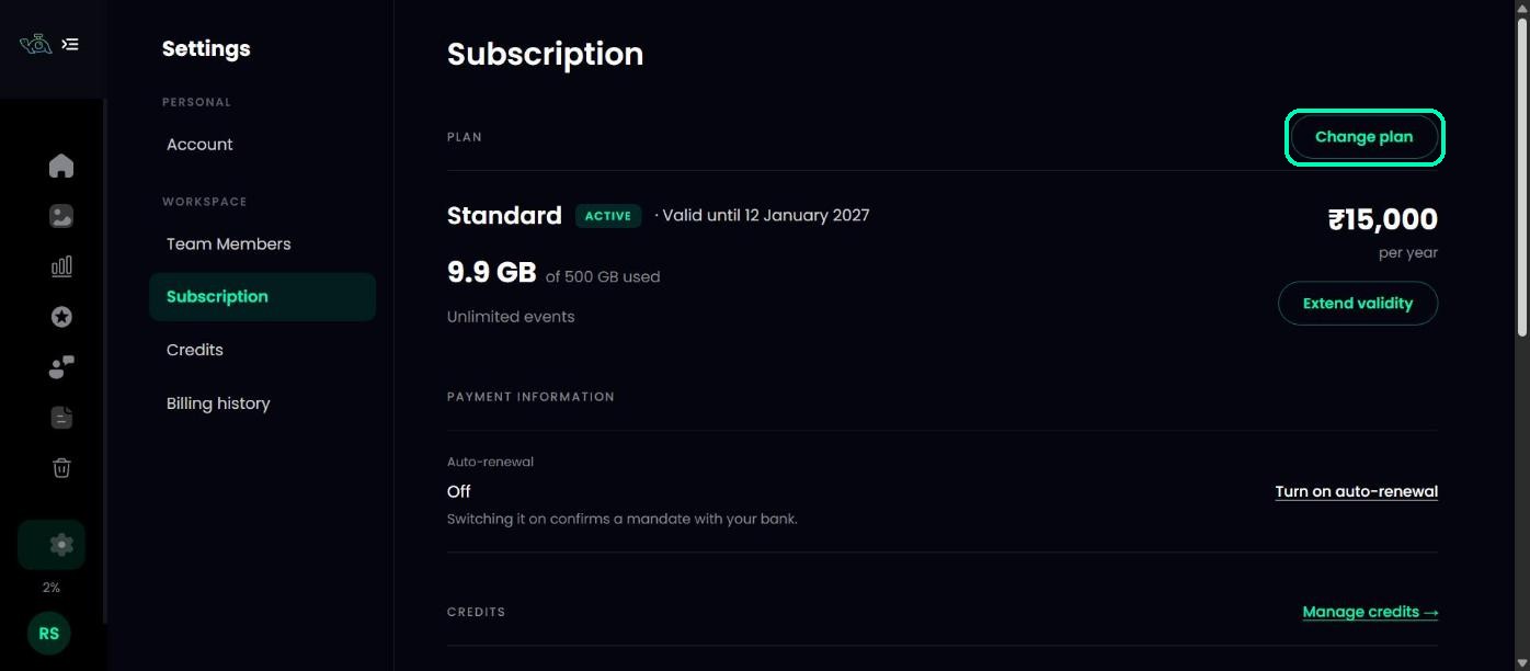 Change plan button in Subscription settings