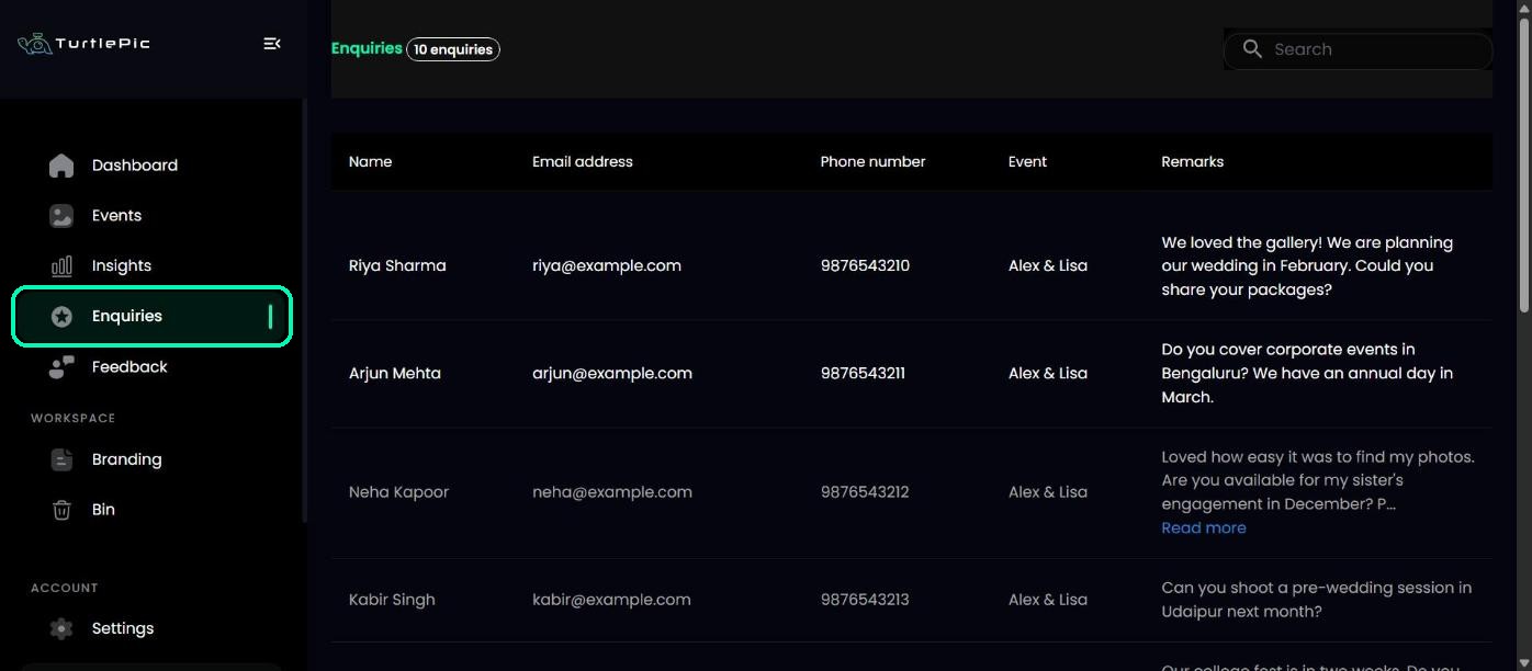 Enquiries in the dashboard menu