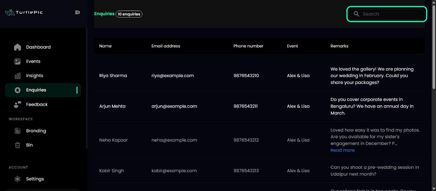 Search box on the Enquiries page