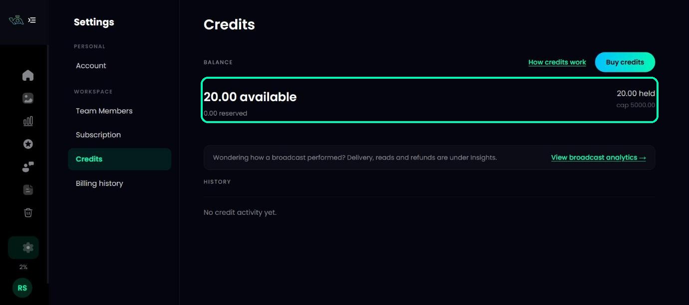 Credits page with the balance highlighted