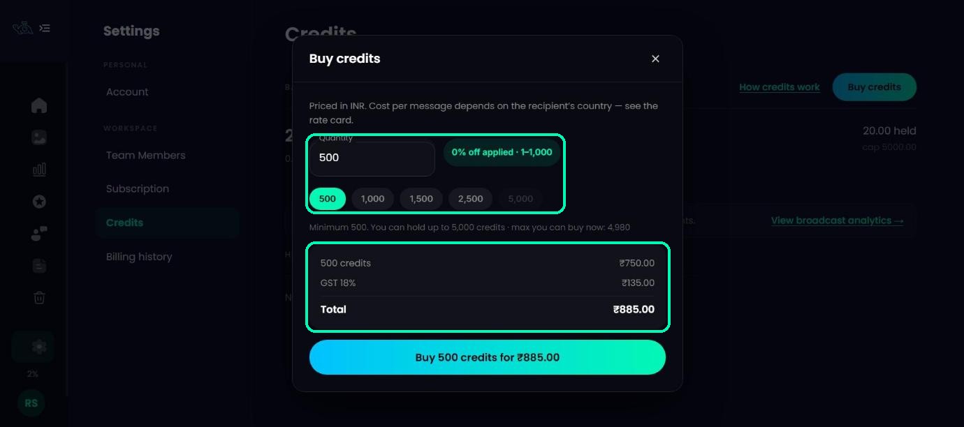 Buy credits window with the quantity, discount and total highlighted