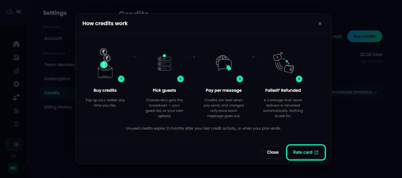 How credits work window with the Rate card button highlighted
