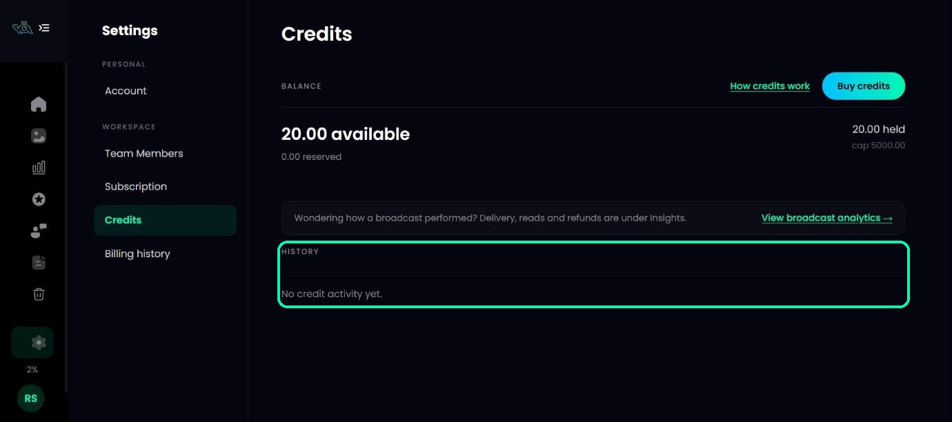 Credits page with the History section highlighted
