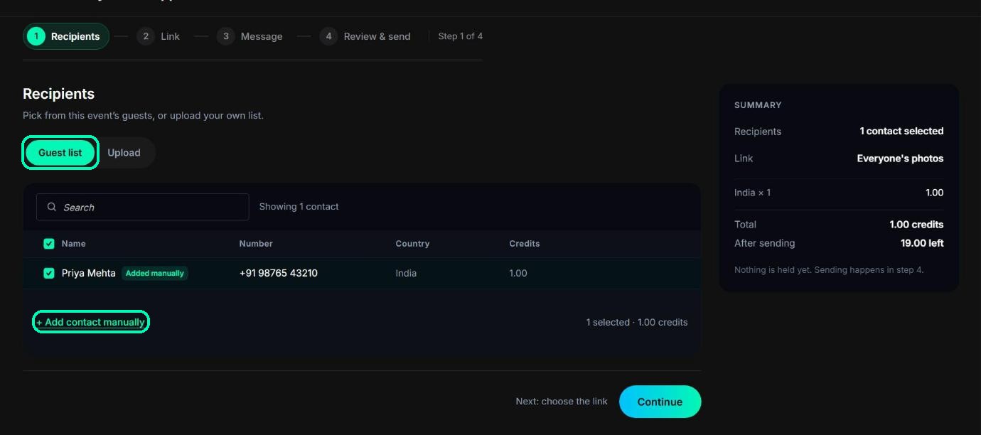 Guest list tab with a manually added contact and the Add contact manually link highlighted