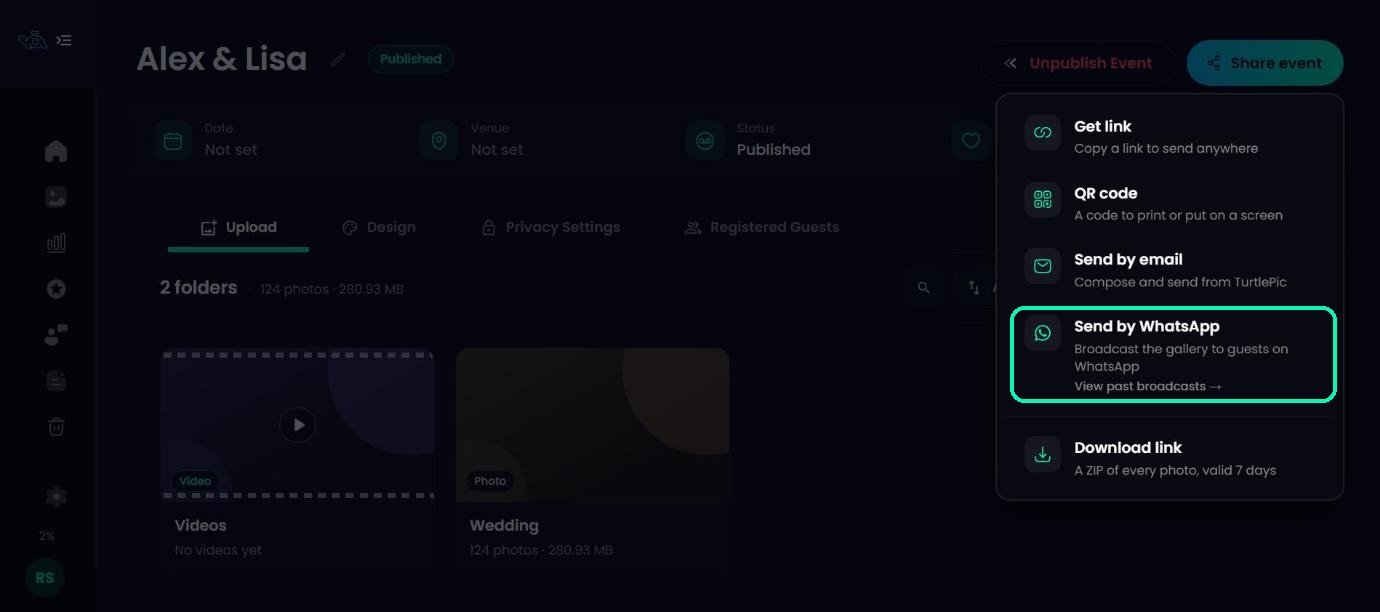 Share event menu with Send by WhatsApp highlighted