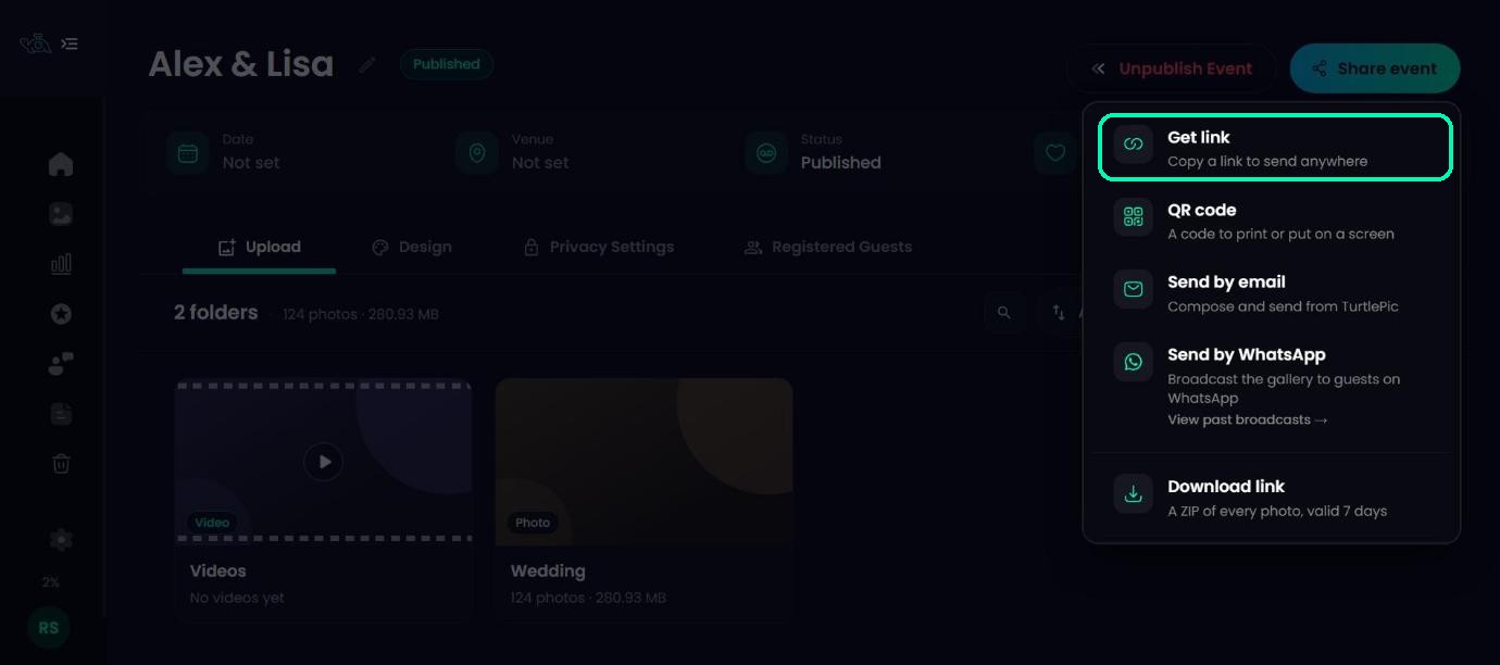 Share event menu with Get link highlighted