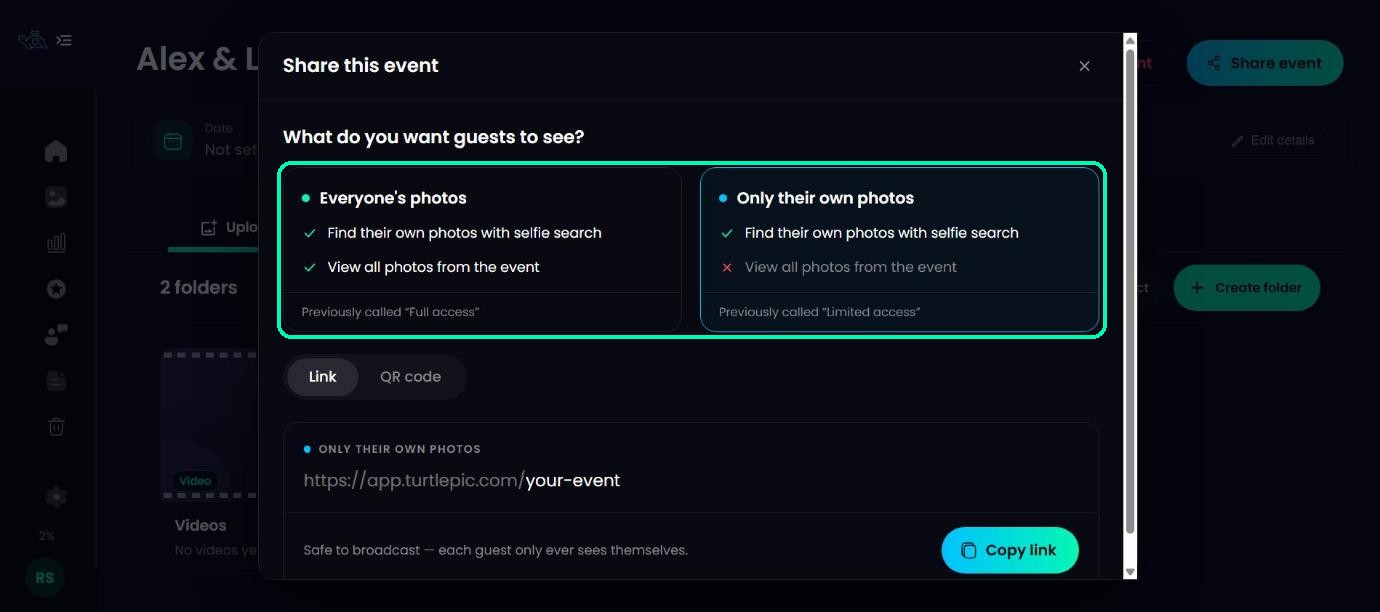 Share this event window with the Everyone’s photos and Only their own photos options highlighted