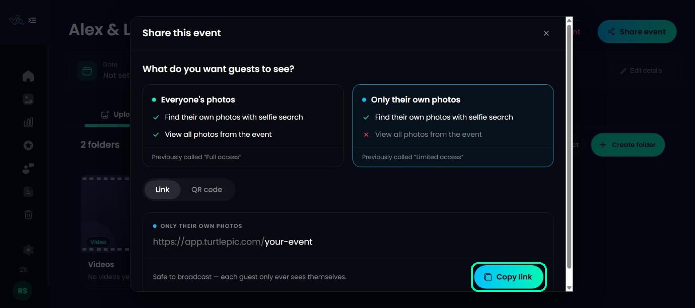 Event link with the Copy link button highlighted