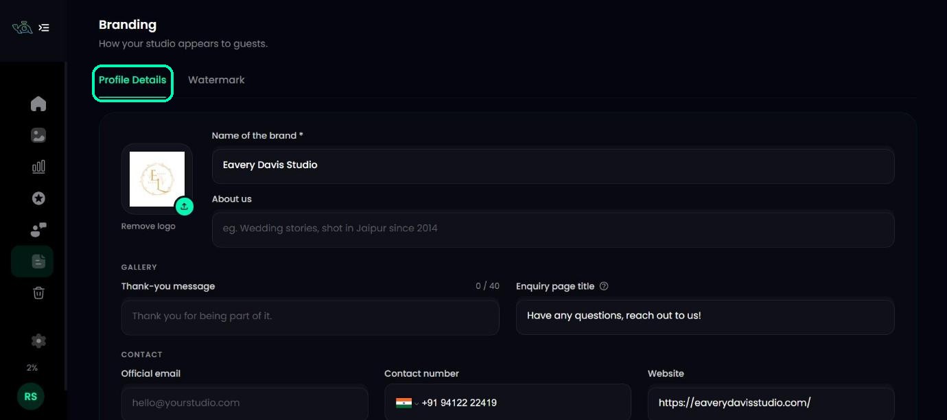 Branding page with the Profile Details tab highlighted