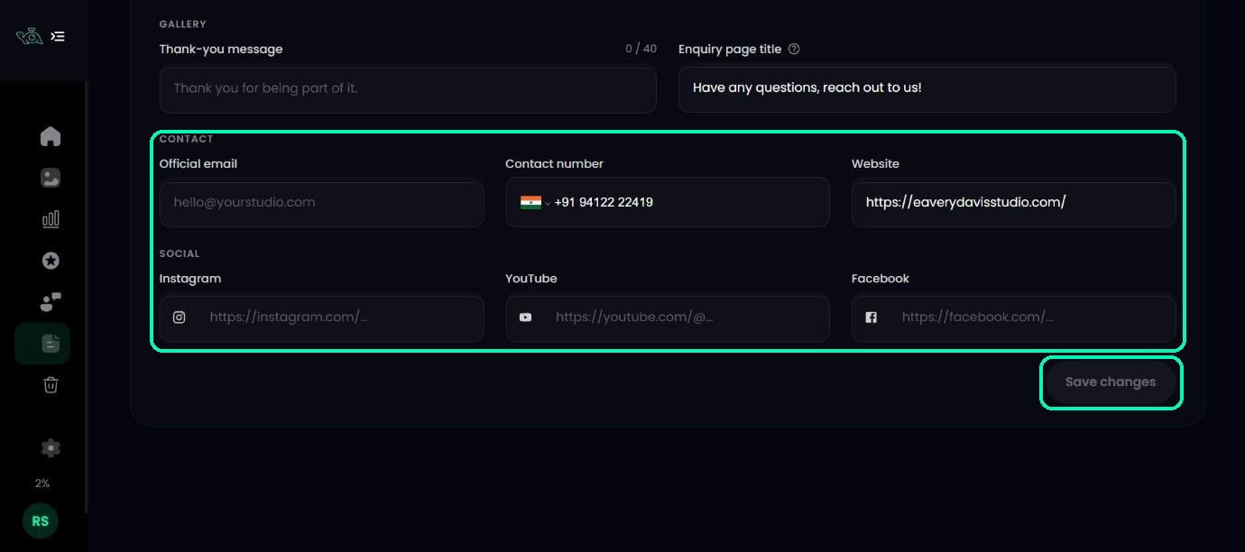 Contact and social link fields with the Save changes button highlighted